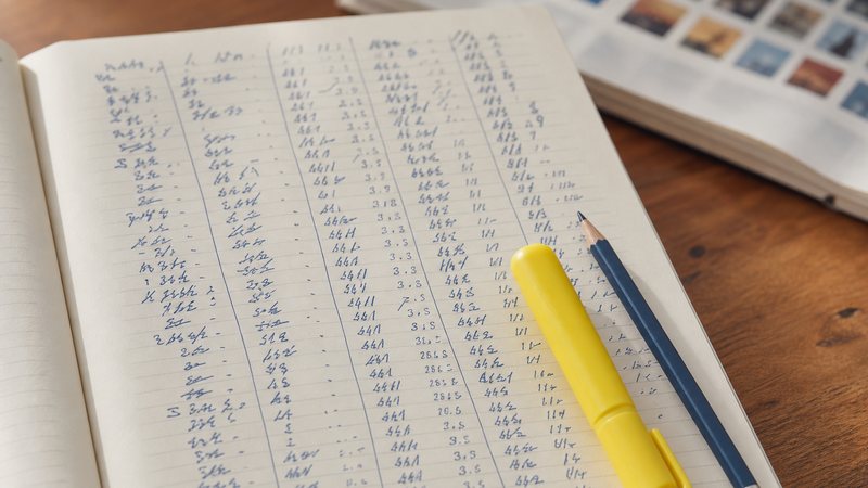 Handwritten notes comparing keyword difficulty scores across a page of App Store search results