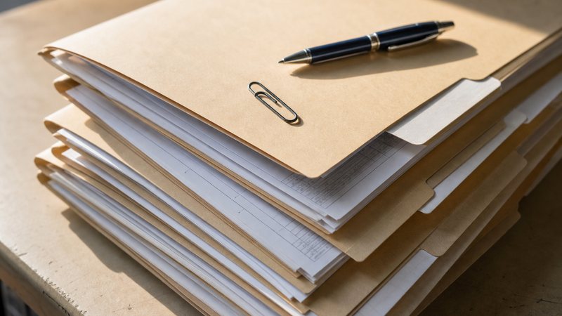 Folders labeled by app name, each holding a stack of printed keyword tracking sheets