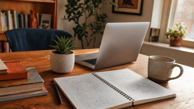 A solo developer's desk with a laptop, a notebook of keyword ideas and a coffee cup